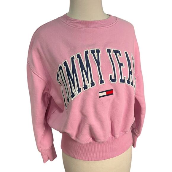 Tommy Jeans Preppy Pink Logo Sweatshirt XS 100% Cotton Crewneck Cozy Pullover - Picture 4 of 13